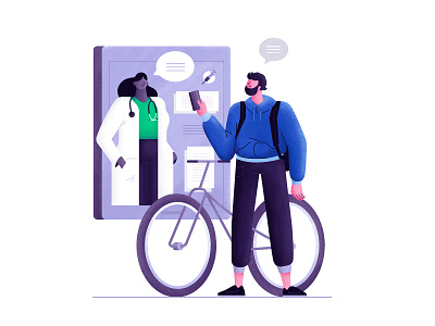 Digitalization bike blue character communication digital digitalization doctor flat illustration man medical medicine purple tablet texture vector