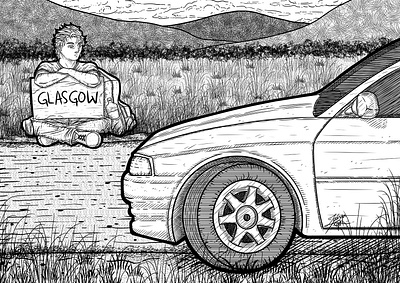 Hitchhiker art backpack car digital disheveled drawing field glasgow hitchhiker illustration line line art lineart man man illustration mountain road sedan side sign