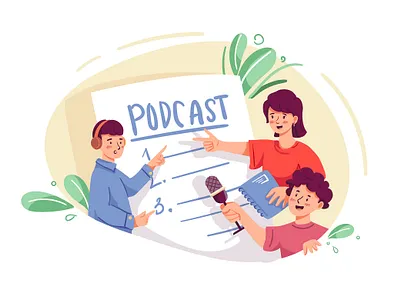 Podcasting Team Illustration audio broadcast communication device digital headphone headphones host illustration podcast podcasting sound speaker streaming voice