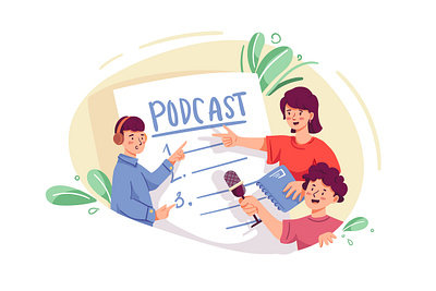 Podcasting Team Illustration audio broadcast communication device digital headphone headphones host illustration podcast podcasting sound speaker streaming voice