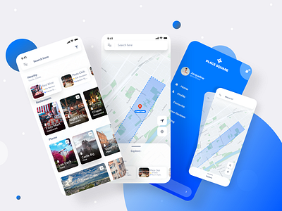 Placex App | Trips & Travel app app design design google places graphic design journey landscapes locations maps minimal mobile app places sidemenu travel trips ui uiux user experience user interface ux