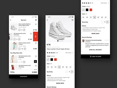 eCommerce Mobile Application app app bar bag black button cart clothes color icons red scroll shoes size swipe typography ui user experience user interface ux white