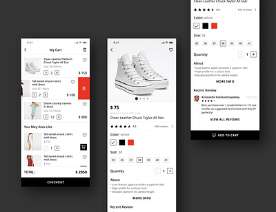 eCommerce Mobile Application app app bar bag black button cart clothes color icons red scroll shoes size swipe typography ui user experience user interface ux white