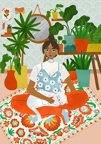 Illustration girl in living room art artwork cat design digital editorial illustration feminism flower illustration girl illustration illustration pattern plants poster women women empowerment