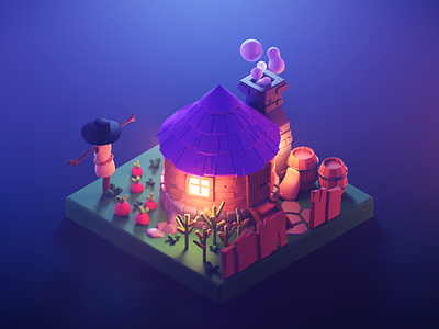 Farmer House at Night 3d blender diorama game art illustration isometric lowpoly lowpolyart render