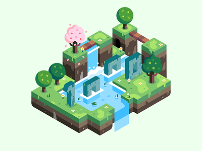 Isometric 1K 1000 1k followers illustration island isometric landscape spring trees vector