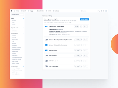 Personas add apollo create delete dropdown edit editor editorial expand filters personas saas salesforce settings settings page strategy switch toggle toggle switch turn on