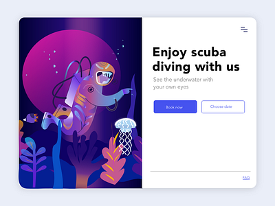 Scuba diving aplication characters colorful contrast designer illustration illustrations landing scuba diver scubadiving sea storytale ui vector website