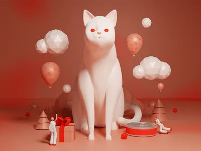 A Cat's World 3d 3d illustration animal blender c4d cat cinema4d diorama figurine gift illustration pastel present red soft surreal white window display world world building