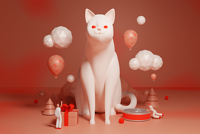 A Cat's World 3d 3d illustration animal blender c4d cat cinema4d diorama figurine gift illustration pastel present red soft surreal white window display world world building