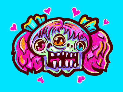 Ada & Clara - Conjoined skulls with pink hair alan defibaugh conjoined creepy cute digital drag gorgeous halftone hearts illustration kawaii lgbtqia surprise texture twins