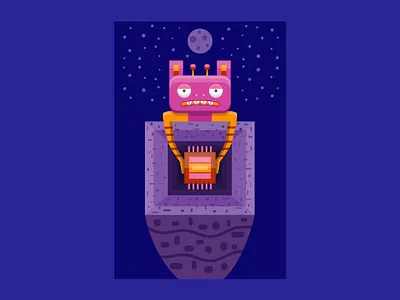 Robot treasure cartoon character chip design earth flat funny ground illustration microchip moon night red robot stars treasure vector