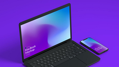 Iphone and MacBook Promo Mockups blue chic cold gradient holographic iphone iphone mockup iphone mockups macbook minimal multiple online presentation purple realistic simple store web promo web store website