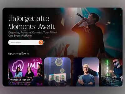 Event Organization Platform booking concerts dark theme date dynamic interface event event platform festivals landing page live meetups modern music organization party schedule seminar streaming ticket upcoming events