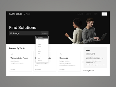 PaperClip - Forum landing page bulletin board clean layout commerce courses customer management dark mode data management discussion events forum guidelines landing page modern news online community resources status updates topics web design webinars