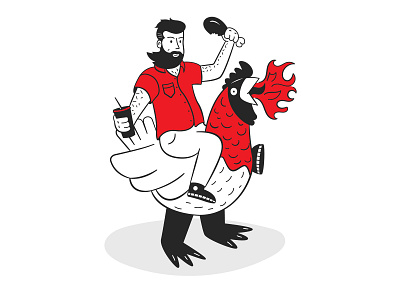 FireBird birds black ink branding fast food fire flat fried chicken giant chicken illustration line art man riding chicken modern rooster simple vector visual design