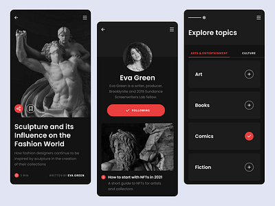 Media app art black media news news app newsfeed newspaper topics ui user user page user profile ux