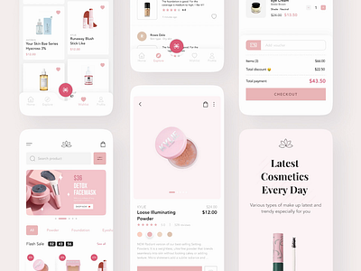 Beautief Cosmetics UI KIT 💅🏻 animation animations app beauty beauty app cart cosmetic cosmetics cosmetics product make up minimalist mobile mobile app mobile app design mobile design mobile ui pink shop ui kit ui ux