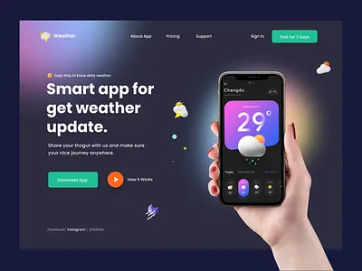 App Marketing Landing Page Design app landing page app marketing app template app ui creative design dark theme designer gredient madhu madhu mia modern website popular design product socail app trendy uiux visual design weather app web website