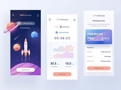 VPN mobile app design blue chart download illustrations internet ios logo mobile orange phone planet premium pricing purple rocket space speed stars ui vpn