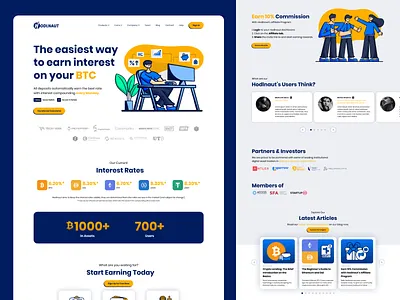 Hodlnaut Landing Design bitcoin business coins computer cryptocurrency cute finance flatdesign icondesign interest landingpage man people playful referral rewards uiuxdesign webdesign women working