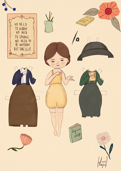 Paper doll , Virginia wolf dari rojas darianoski digital illustration digitalart feminism illustraion paper doll procreate