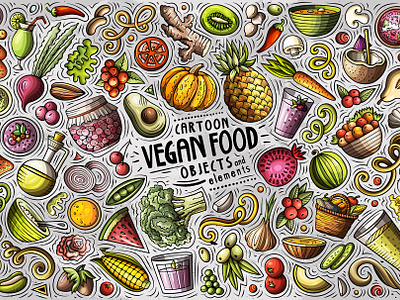 Vegan Food Cartoon Objects Set