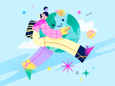 Happy Earth day! app astronaut care character characterdesign earth earthday flat fly girl hug illustration love minimal planet procreate space star vector web