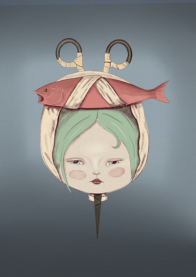 the woman with the fish on her head dari rojas darianoski drawing girl illustration lowbrow lowbrow art lowbrowart procreate procreate art subrealismo woman