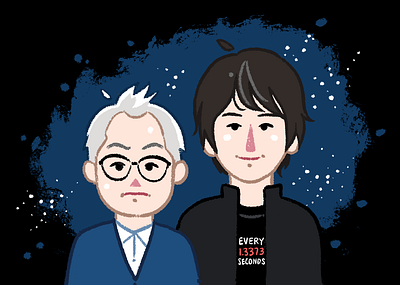 Brian Cox and Robin Ince caricature cartoon comic cute illustration painted physics retro science textured