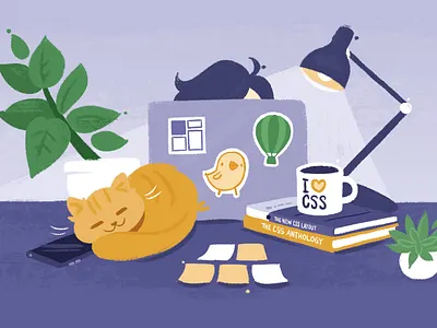 Rachel Andrew's CSS Site books caricature cartoon cat comic cute desk illustration laptop painted painting plants tech textured watercolour