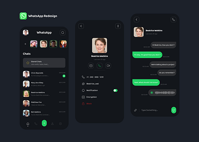 WhatsApp Redesign chat dark mode messenger mobile ui profile redesign socialmedia ui uiux ux whatsapp whatsapp redesign