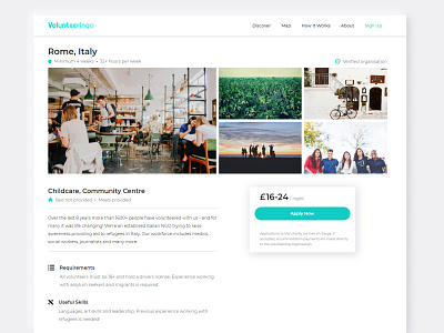 Charity Information Page | Volunteeringo airbnb app buy charity clean cms colorful design grid information information design mobile organisation photo grid price requirements travel typography ui volunteer