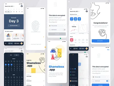 Shameless.app - Fully-Encrypted Period Tracker App app design apps dribbble best shot minimal app period period app period data period tracker period tracker app periods template