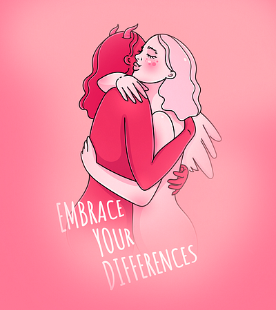 Embrace Your Differences angel character demon differences horns hug illustration pink poster red selfcare selflove wings woman