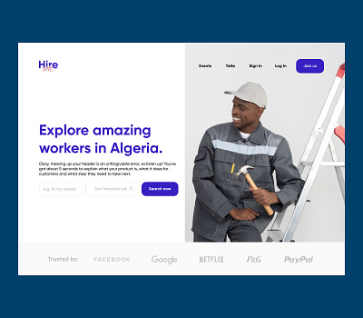 Hire me exploration algeria clean engineer figma filters hire icon landing page location minimal photography plumbers purple search services trusted ui ux web design website