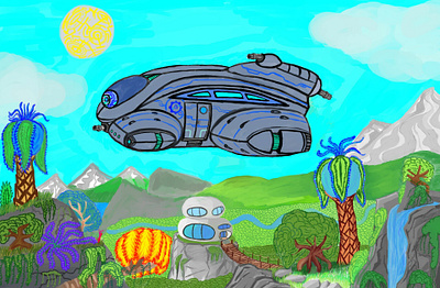 Shuttle flight illustration character art concept art design fantasy art game art game artist illustration robot science fiction vehicle design