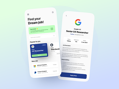 Job Finder App app clean design employee hiring ios job job application job board job finder job portal job search jobs minimalist mobile app mobile design offer ui ux