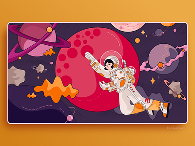 Fly Into Space astronaut flat design flat illustration girl graphic illustration illustrator mobile design planets sketch space spaceman star website design