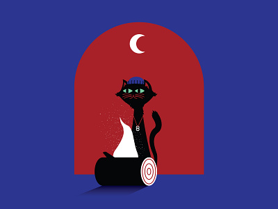 Green Eyes campfire camping cat illustration night