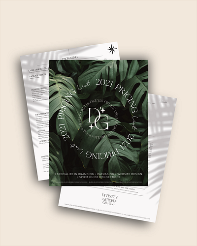 Divinely Guided Pricing List 2021 boho branding design graphic guide list logo mockup mood pdf plants price pricing shadow stars tropical twinkle