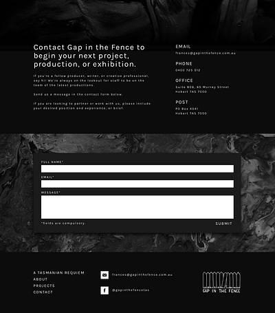 Contact page design for Gap in the Fence black and white branding contact contact form contact page contact us design production text field texture ui ui design ux website design