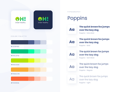 OH! (Order Healthy) FoodApp - Style guide app design app ui branding branding design clean color palette design system fonts gradient green simple style guide style guide bright tints typography typography logo ui design ui inspiration ui kit vector