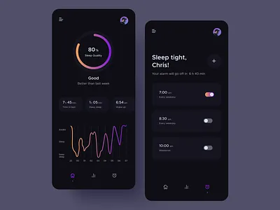 Sleep tracker 😴 alarm clock app design concept dark app dark mode dark ui design app gradient grid minimalism mobile app mobile ui night sleep sleep app sleep tracker statistic stats uidesign ux design