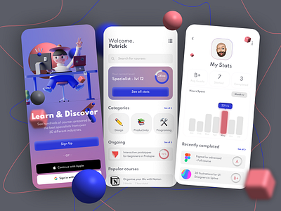 Online Learning App Sign Up and Dashboard UI 3d app concept dashboard design mobile onboarding online course online learning sign up ui user profile ux uxui