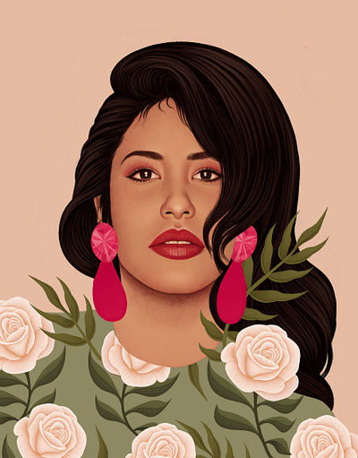 Selena digital floral folioart illustration mercedes debellard portrait realist