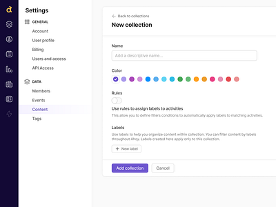Settings - New Collection Form automation color picker create edit figma form form fields labels purple saas settings side nav toggle ui web