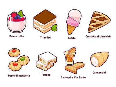 Italian desserts biscotti cannoncini cantucci crostata cute dessert drawing food food illustration gelato ice cream illustration italian panna cotta paste di mandorla sweet tiramisu torrone vin santo