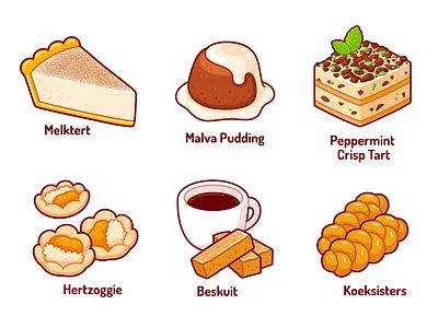South African desserts beskuit cookie dessert drawing food hertzoggie illustration koeksister malva pudding melktert peppermint crisp tart pudding rusk south africa south african sweet vector