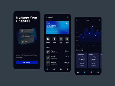 Finance App Dark Mode app bank banking bankingapp black card dark mode design finance fintech ios page style transaction ui wallet